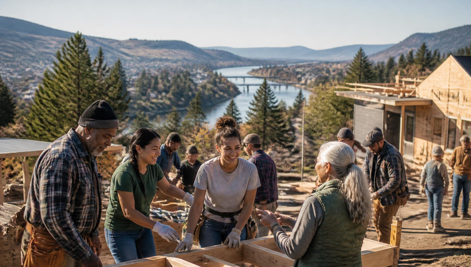Community members and skilled volunteers building together above a river valley